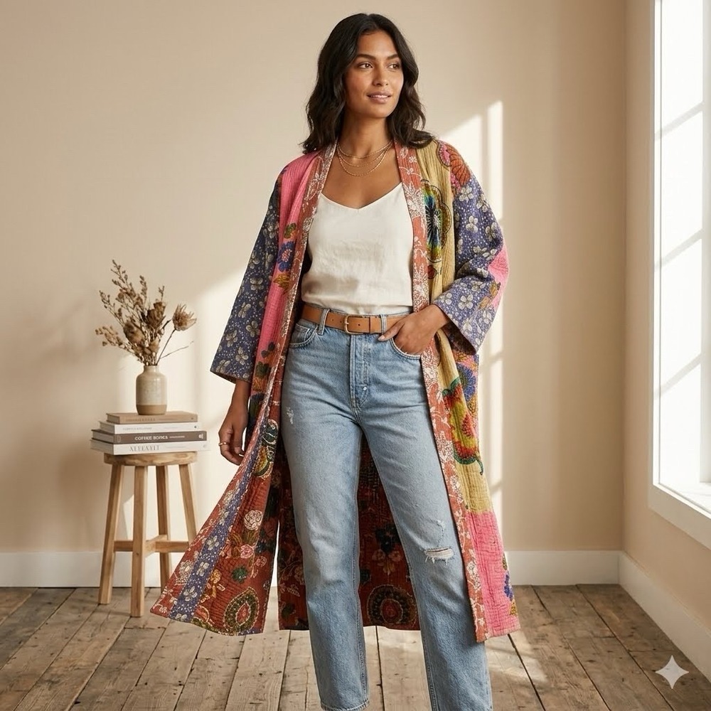 Anthropologie Zoey Quilted Patchwork Robe Duster No Tie Reversible S/M Boho Indi